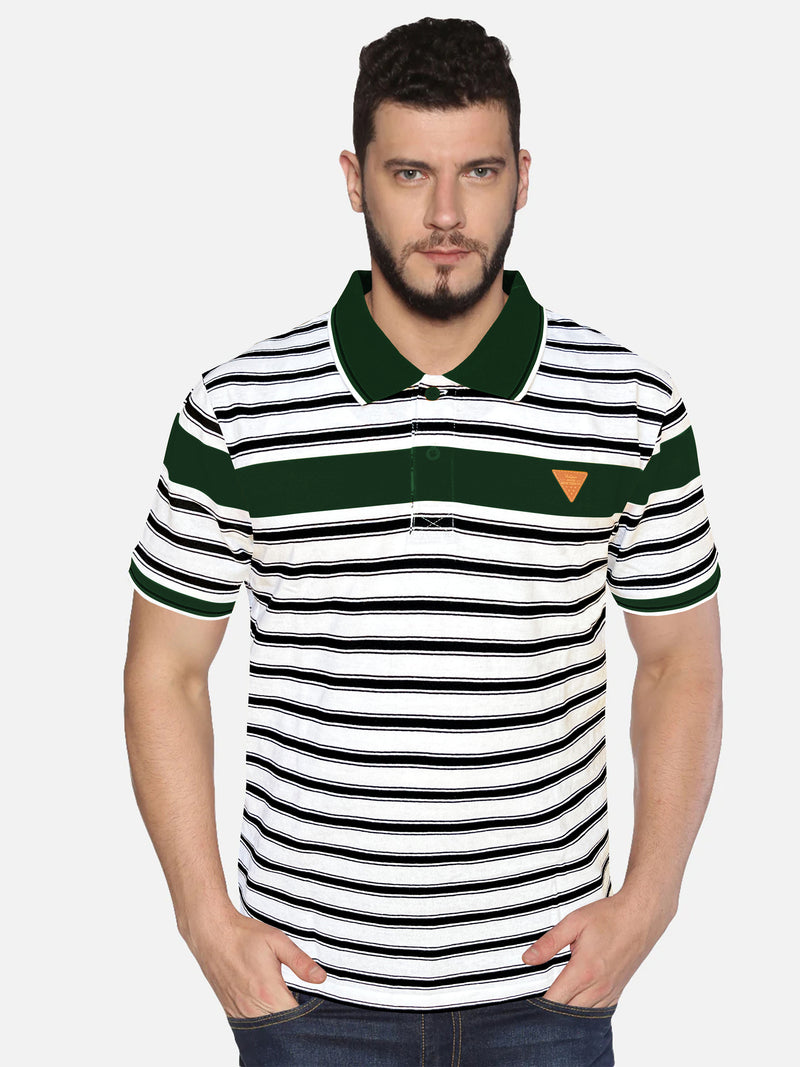 UrGear Striped Men Polo Neck Dark Green, White T-Shirt