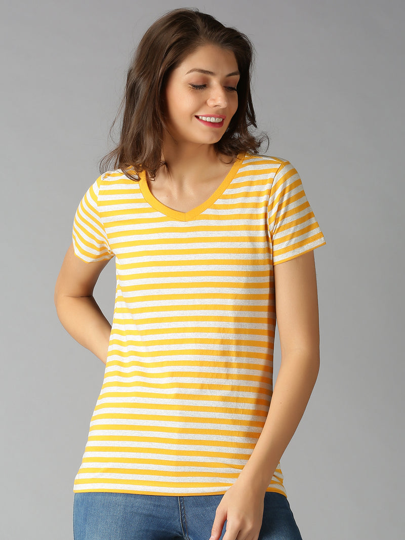 Women Yellow Striped V-Neck T-Shirt