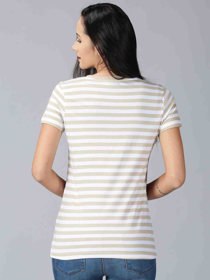 Women Beige Striped Round Neck T-Shirt