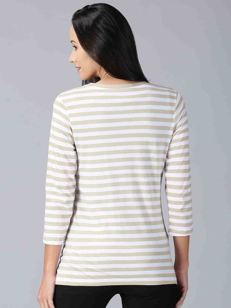 Women Beige Striped Round Neck T-Shirt