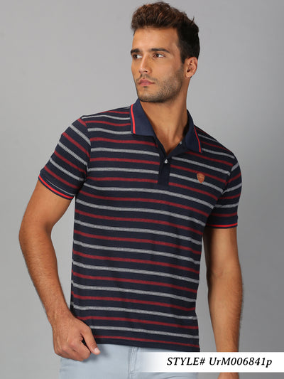 Men Navy Blue Striped Polo Neck T-Shirt