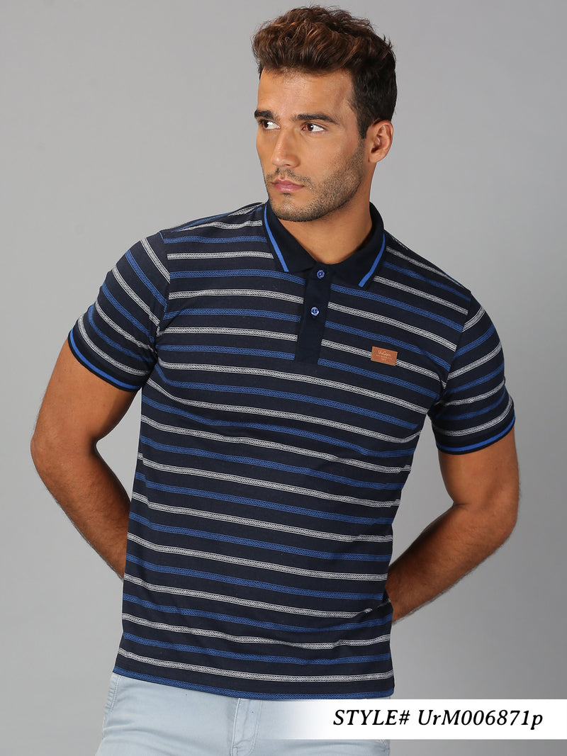 Men Navy Blue Stripes Polo Neck T-Shirt