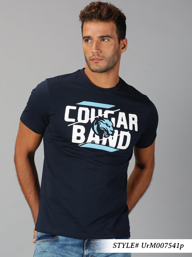 Men Navy Blue Typographic Print Crew Neck T-Shirt