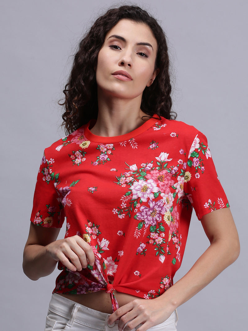 Women Red Floral Print Round Neck T-Shirt